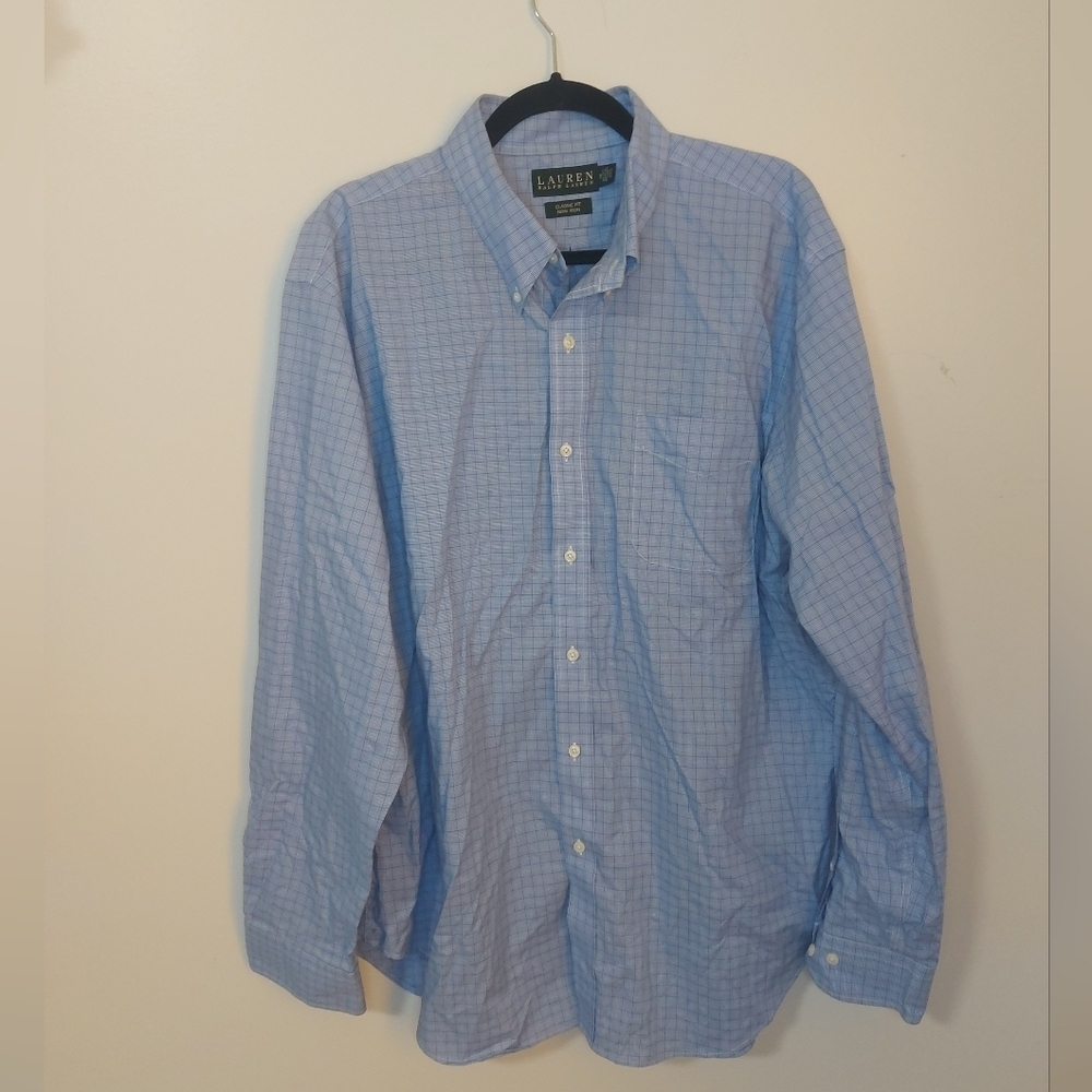 Lauren Ralph Lauren Light Blue Plaid Men's Buttondown  Shirt 18 36/37